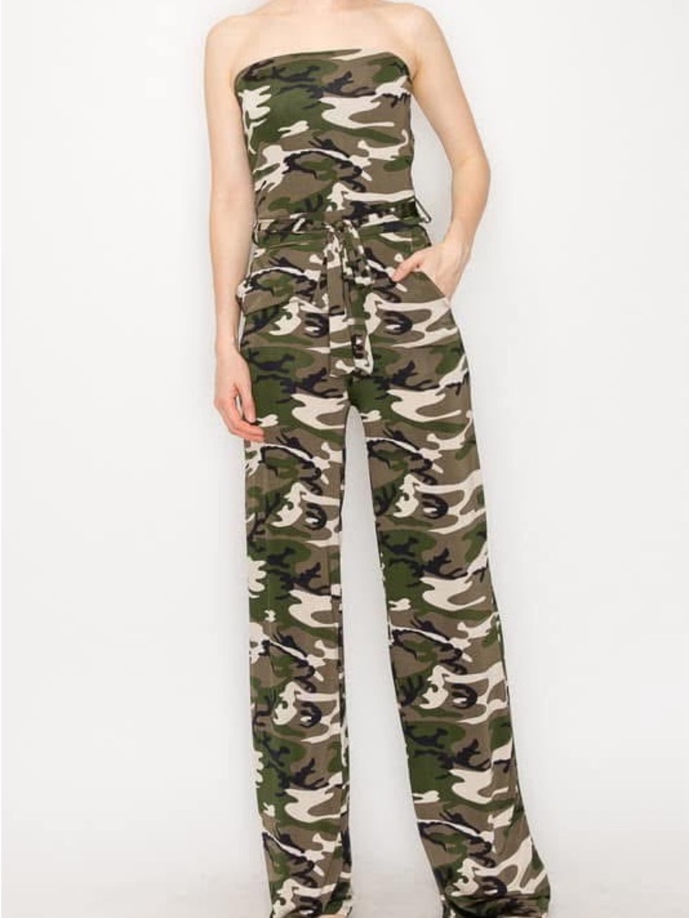 Strapless Camo Jumpsuit in Green. Can dress up or down. Perfect for date night.